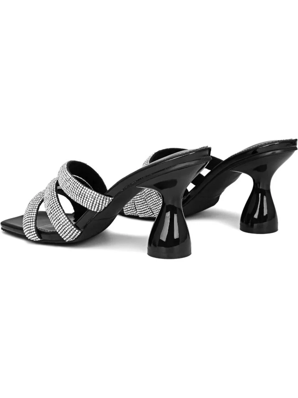 Women's Black Rhinestone Square Toe Backless 3.15 IN Chunky High Heel Sandals